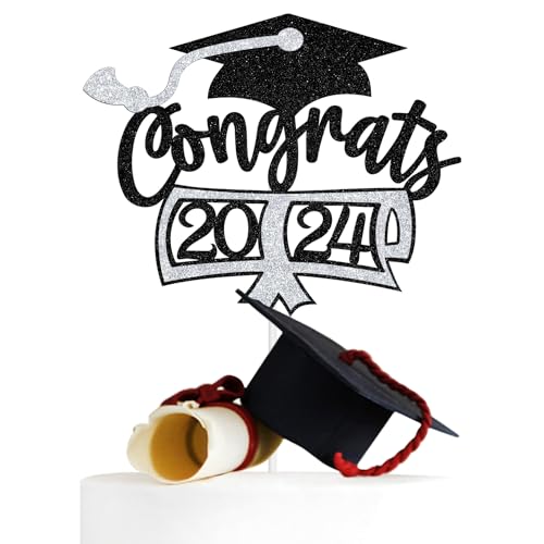 Congrats 2024 Cake Topper, Congratulations/So Proud of You Cake Decor, Class of 2024 Grad Graduation Party Decoration Supplies, Schwarz und Silber Glitzer Congrats 2024 Cake Topper, Congratulations/So Proud of You Cake Decor, Class of 2024 Grad Graduation Party Decoration Supplies, Schwarz und Silber Glitzer von Miss Onederful