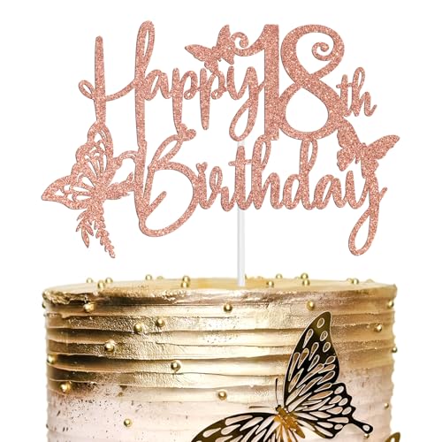 Tortenaufsatz "Happy 18th Birthday", "Time to Adult, Hello 18, Schmetterlings-Thema, 18 Jahre alt", Party-Dekorationen für Mädchen, Roségold-Glitzer Tortenaufsatz "Happy 18th Birthday", "Time to Adult, Hello 18, Schmetterlings-Thema, 18 Jahre alt", Party-Dekorationen für Mädchen, Roségold-Glitzer von Miss Onederful