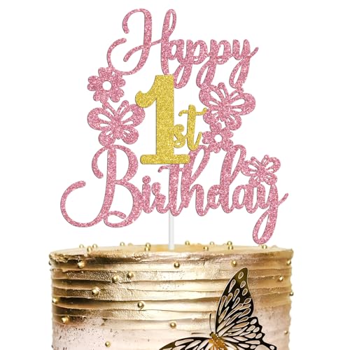 Tortenaufsatz "Happy 1st Birthday" mit Schmetterlings-Motiv, "Cheers to 1 Years", Blumen-Thema, für den ersten Geburtstag, Babyparty, Party-Dekoration, rosa Glitzer Tortenaufsatz "Happy 1st Birthday" mit Schmetterlings-Motiv, "Cheers to 1 Years", Blumen-Thema, für den ersten Geburtstag, Babyparty, Party-Dekoration, rosa Glitzer von Miss Onederful