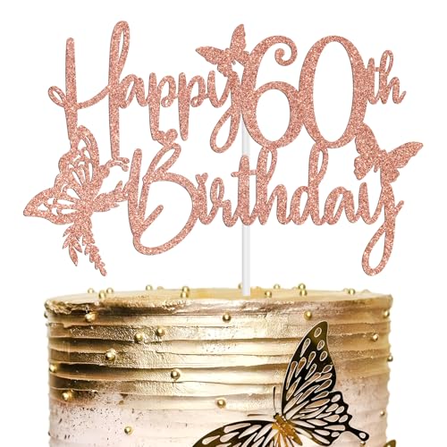 Tortenaufsatz "Happy 60th Birthday", "Young Sweet Only 60, 60 Fabulous", Schmetterlings-Thema, 60 Jahre alt, Geburtstagsparty-Dekorationen für sie, Roségold-Glitzer Tortenaufsatz "Happy 60th Birthday", "Young Sweet Only 60, 60 Fabulous", Schmetterlings-Thema, 60 Jahre alt, Geburtstagsparty-Dekorationen für sie, Roségold-Glitzer von Miss Onederful