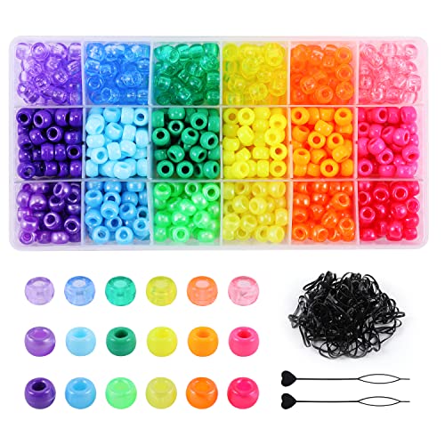18 Farben 9 mm Haarperlen für Haarzöpfe, Regenbogen-Pony-Perlen-Set zur Schmuckherstellung, Kandi-Perlen für Armbänder, mit Haarperlen und Gummiband als Geschenk von Miss Rabbit