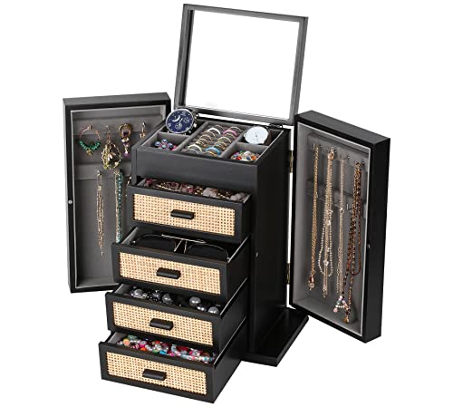 Schmuck-Organizer, Rattan-Schmuckschatulle, 5-lagige Holz-Schmuck-Organizer-Box mit Spiegel, Schmuckkästchen mit 4 Schubladen für Damen und Herren, schwarze Schmuckaufbewahrung für Ringe, Ohrringe, Schmuck-Organizer, Rattan-Schmuckschatulle, 5-lagige Holz-Schmuck-Organizer-Box mit Spiegel, Schmuckkästchen mit 4 Schubladen für Damen und Herren, schwarze Schmuckaufbewahrung für Ringe, Ohrringe, von Miss Rabbit