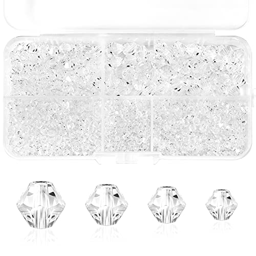 MissAudrey 850 Stück Facettierte Glasperlen für Armbänder, Kristall Doppelkegel Perlen Set für Schmuck Herstellung DIY Ketten mit Kunststoff Aufbewahrungsbox (3mm 4mm 6mm 8mm, Weiße) von MissAudrey