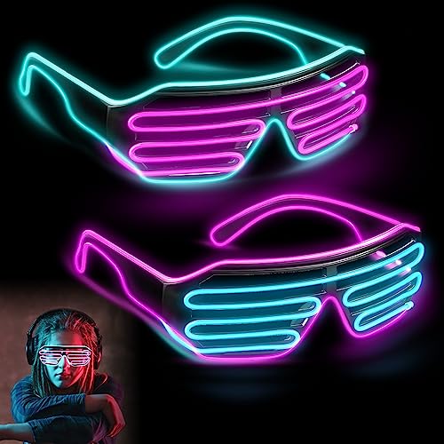 LED Brille Party, Neon Rave Glasses, 2 Stücks LED Glasses, Partybrille Leuchten Mit 4 Blitzmodi, Partybrille Im Shutter-Stil - Mit El-Kabel Für Cosplay, Club, Halloween, Rave Party (Blau - Rosa) von Mitening