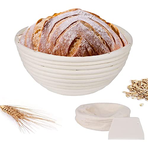 Mitening Brotgärkorb, Rund, Brotkorb mit Waschbarem Leineneinsatz, Ideal für Selbstgemachtes Brot und Brotteig, Peddigrohr, Gärkörbchen zum Backen - Stabil, Braun, Rattan, Spiral, Rund von Mitening