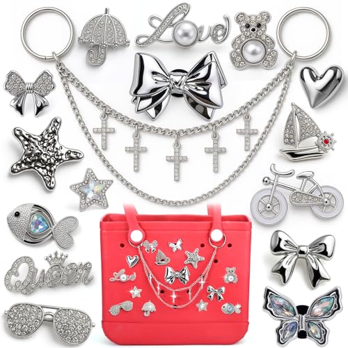 Mity rain 16 Stück Zubehör für Bogg Bag, Vintage-Silber-Anhänger mit Perlen/Schleife/Schmetterling/Kette für Strandtaschen – kompatibel mit allen Originalmodellen für Strandtasche von Mity rain