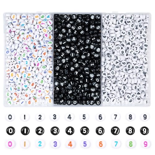 MiuCo Zahlen Perlen, Rund Perlen Zahlen für Armbänder, 7mm Nummerperlen zum Auffädeln Mix 0-9, Perlen Set für DIY Schmuck Bastelset Bastelperlen (Black+White) von MiuCo