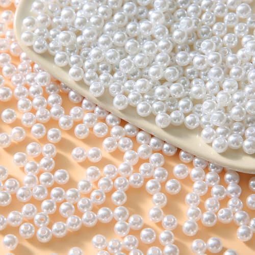 MiuCo 4mm Perlen Armbänder Selber Machen, Perlen mit Loch für armbänder, Beige Perlenset zum Auffädeln, Glasperlen Runde Perlen, Cremeweiß Nachahmung Perlen für Schmuckherstellung Halskette Basteln von MiuCo