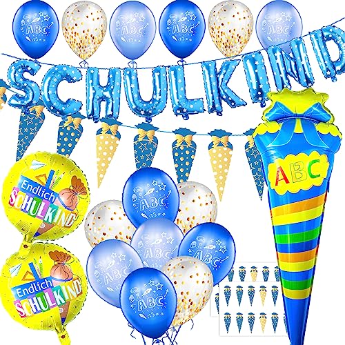 Einschulung Deko Set für Junge, Schuleinführung Schulanfang Luftballon Set mit ABC 123 Zuckertüte Motiv, Folienballon Schulkind Girlande, Zuckertüten Banner, Schultüte Konfetti, 3 Folienballon von Miuezuth