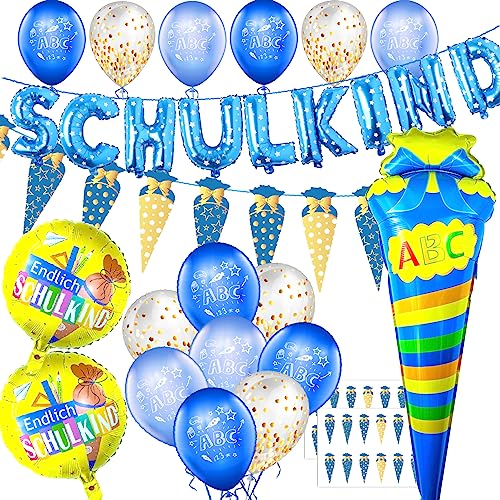 Einschulung Deko Set für Junge, Schuleinführung Schulanfang Luftballon Set mit ABC 123 Zuckertüte Motiv, Folienballon Schulkind Girlande, Zuckertüten Banner, Schultüte Konfetti, 3 Folienballon Einschulung Deko Set für Junge, Schuleinführung Schulanfang Luftballon Set mit ABC 123 Zuckertüte Motiv, Folienballon Schulkind Girlande, Zuckertüten Banner, Schultüte Konfetti, 3 Folienballon von Miuezuth