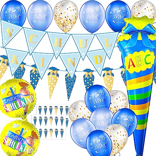 Einschulung Deko Set für Junge, Schuleinführung Schulanfang Luftballon Set mit ABC 123 Zuckertüte Motiv, Blau Golden Schulkind Wimpel Girlande, Zuckertüten Banner, Schultüte Konfetti, 3 Folienballon von Miuezuth