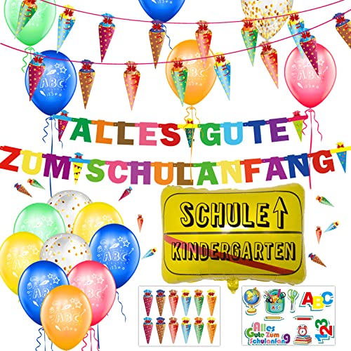 Einschulung Schuleinführung Schulanfang Deko Set, Girlande Alles Gute Zum Schulanfang + Zuckertüten Banner + 18 Luftballon mit ABC 123 Schultüte Motiv + Konfetti + Folienballon für Jungen Mädchen Einschulung Schuleinführung Schulanfang Deko Set, Girlande Alles Gute Zum Schulanfang + Zuckertüten Banner + 18 Luftballon mit ABC 123 Schultüte Motiv + Konfetti + Folienballon für Jungen Mädchen von Miuezuth