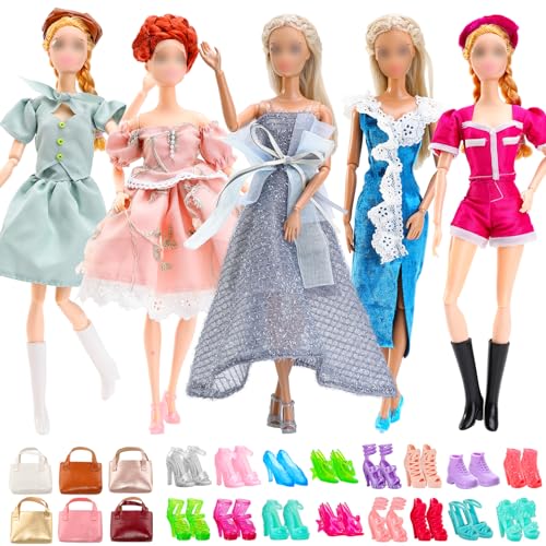 Miunana 18 Puppenkleidung 5 Kleidung 10 Schuhe 3 Zubehör Handtasche, Retro Vintage Kleider für 30 cm Mädchen Puppen von Miunana