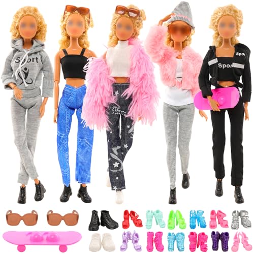 Miunana 10 Puppenkleidung 5 Kleidung 2 Schuhe 3 Zubehör Brillen Skateboard, Puppenzubehör Outfits Kleider für 30 cm Mädchen Puppen von Miunana