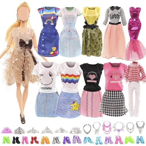 Miunana 27 Kleidung Schmuck Zubehör Kleider für Puppen = 5 Kleidung + 10 Schuhe + 6 Ketten + 6 Kronen für Puppen von Miunana