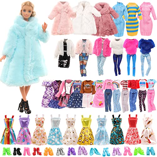 Miunana 28 Kleidung für 30 cm Puppen Puppenkleidung, 1 Mantel 1 Plüschoberteil Outfit 1 Pullover 1 Plüschjacke Set 3 Fashion Kleider 3 Tops 3 Hosen 5 Minikleider 10 Schuhe für 11,5 Zoll Puppen von Miunana