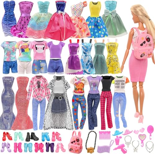Miunana 36 Kleidung Zubehör für 11,5 Zoll Mädchen Puppen = 3 Fashion Kleider + 3 Casual Kleidung + 6 Mini Kleider + 13 Accessoires + 10 Schuhe + 1 Rucksack für Puppen von Miunana
