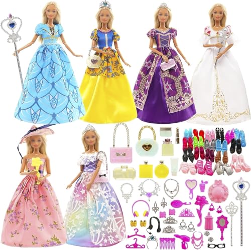 Miunana 55 Prinzessin Kleider Kleidung Schmuck Zubehör Puppenkleidung Party Abendkleider für Puppen = 6 Abendkleider 10 Schuhe 39 Zubehör für Puppen von Miunana