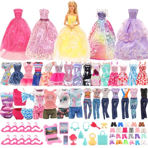 Miunana 63 Puppenkleidung Kleidung für Puppen = 15 Kleider 4 Tops Outfits 4 Hosen 3 Abendkleider 3 Badenanzüge 37 Kleiderbügel Schuhe Zubehör für 11,5 Zoll Mädchen Puppen von Miunana