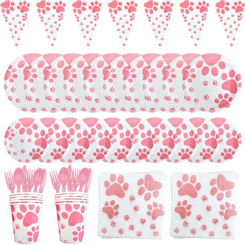 MiuxE 90Pcs Hunde Party Dekorationen, Dog Party Geschirr Set, Hund Party Set Party Deko, Inklusive Rosa Pappteller, Becher, Servietten Für Hundegeburtstage, Babygeburtstage, Partys von MiuxE