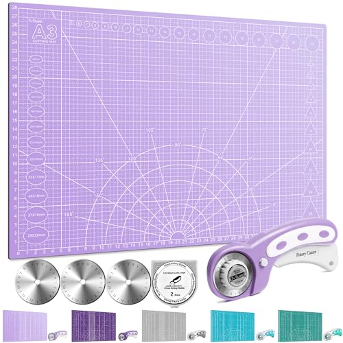 Miuzei A3 A2 Schneidematte Rollschneider mit Schutzmechanismus,Kinder Basteln Mat,Abwaschbar Selbstheilende Handwerksunterlage, Stoffschneider-Set für Schule und Familien,Schnittfest,Lavendel von Miuzei