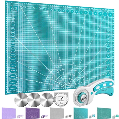 Miuzei Schneidematte A2 mit Rollschneider Bastelunterlage Groß Kinder Schneideunterlage Schnittfest Selbstheilende Stoffschneider Mat Set 45mm Ersatzklingen Cutter für Stoff Nähen Leder Paper Cyan von Miuzei