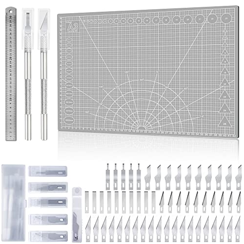 Miuzei Schneidematte Set A3 mit 55stk Bastelmesser,Unterlage Schreibtisch Desk Mat Selbstheilende Bastelunterlage Schneideunterlage Basteln Zeichenunterlage Bastelskalpell Bastelmatte Graue von Miuzei