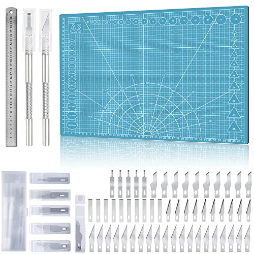 Miuzei Schneidematte Set A3 mit 55stk Bastelmesser und Stahllineal,Selbstheilende Bastelunterlage,schreibtischunterlagen Schneideunterlage Basteln Zeichenunterlage Bastelskalpell Bastelmatte Blau von Miuzei