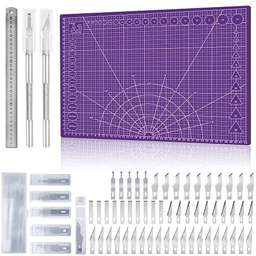 Miuzei Schneidematte Set A3 mit 55stk Bastelmesser und Stahllineal,Selbstheilende Lila Bastelunterlage Schneideunterlage Cutting Mat Basteln Zeichenunterlage Bastelskalpell Bastelmatte von Miuzei