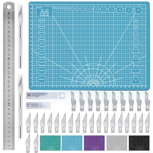 Miuzei Schneidematte Set A4 mit 30stk Bastelmesser und Stahllineal,Selbstheilende Bastelunterlage Schneideunterlage Cutting Mat Basteln Zeichenunterlage Bastelskalpell Bastelmatte (Blau) von Miuzei