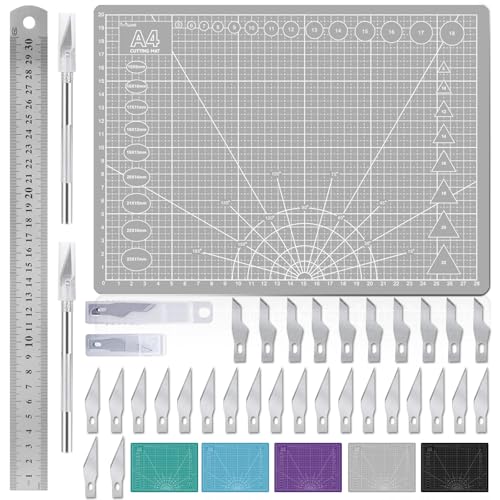 Miuzei Schneidematte Set A4 mit 30stk Bastelmesser und Stahllineal,Selbstheilende Bastelunterlage Schneideunterlage Cutting Mat Basteln Zeichenunterlage Bastelskalpell Bastelmatte (Grau) von Miuzei