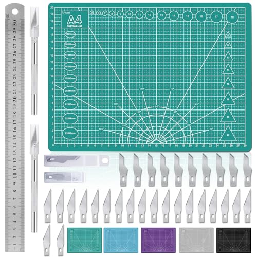 Miuzei Schneidematte Set A4 mit 30stk Bastelmesser und Stahllineal,Selbstheilende Bastelunterlage Schneideunterlage Cutting Mat Basteln Zeichenunterlage Bastelskalpell Bastelmatte (Grün) von Miuzei