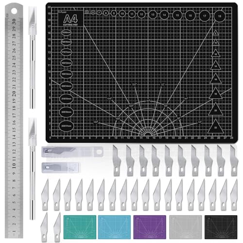 Miuzei Schneidematte Set A4 mit 30stk Bastelmesser und Stahllineal,Selbstheilende Bastelunterlage Schneideunterlage Cutting Mat Basteln Zeichenunterlage Bastelskalpell Bastelmatte (Schwarz) von Miuzei