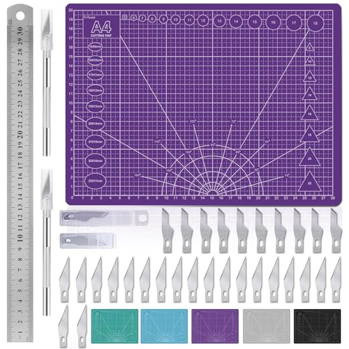 Miuzei Schneidematte Set A4 mit 30stk Bastelmesser und Stahllineal,Selbstheilende Bastelunterlage Schneideunterlage Cutting Mat Basteln Zeichenunterlage Bastelskalpell Bastelmatte (Violett) von Miuzei