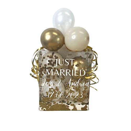 Geldgeschenk, Geschenkverpackung, Hochzeitsgeschenk, Personalisierte Ballonbox, gefüllt mit Konfetti und Ballons, Golden Pearl von Mivame