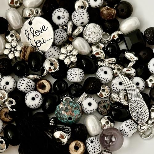 Perlenmix mit Charms & Anhänger, 8mm Perlen, 50g, DIY Schmuckzubehör (Black & White) von Mixalie