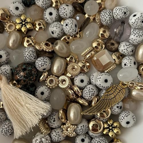 Perlenmix mit Charms & Anhänger, 8mm Perlen, 50g, DIY Schmuckzubehör (Creme & Gold) von Mixalie