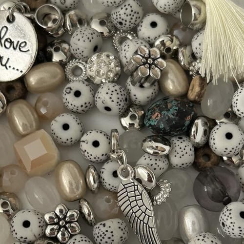 Perlenmix mit Charms & Anhänger, 8mm Perlen, 50g, DIY Schmuckzubehör (Creme & Silver) von Mixalie