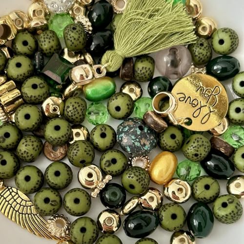 Perlenmix mit Charms & Anhänger, 8mm Perlen, 50g, DIY Schmuckzubehör (Olive gold) von Mixalie