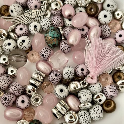 Perlenmix mit Charms & Anhänger, 8mm Perlen, 50g, DIY Schmuckzubehör (Rose) von Mixalie