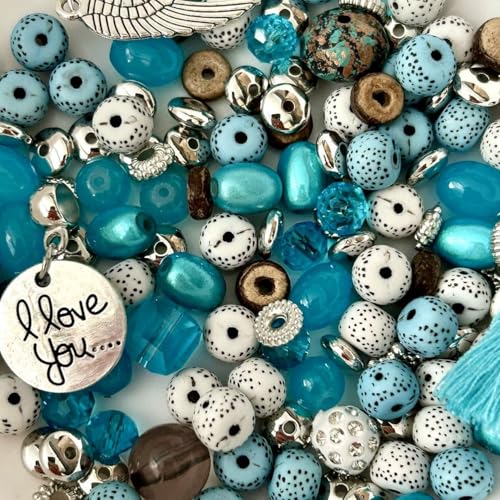 Perlenmix mit Charms & Anhänger, 8mm Perlen, 50g, DIY Schmuckzubehör (Türkis) von Mixalie