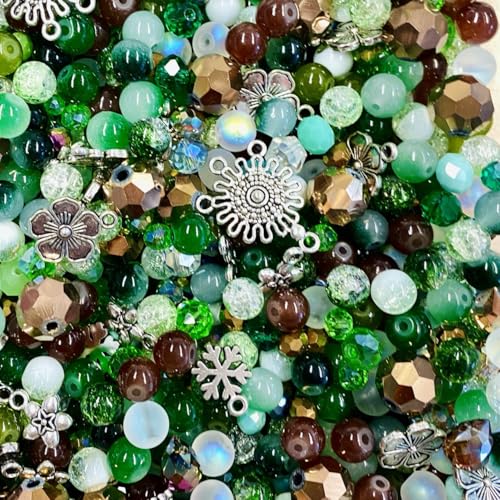 Premium Glasperlen Mischung mit besonderen Details 100g, Geschliffene Perlen, Glitzernd, Bunt (Smaragdwald) von Mixalie