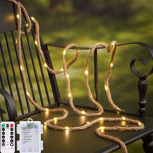 Jute-Seil, 2 m, 6 mm, 40 LEDs, batteriebetrieben, 8 Modi mit Fernbedienung, für Gartenarbeit, Camping, Bündeln, Kunst, Juteschnur, Saiten, Weihnachten, Party, Hochzeitsdekoration von Mixtooltoys