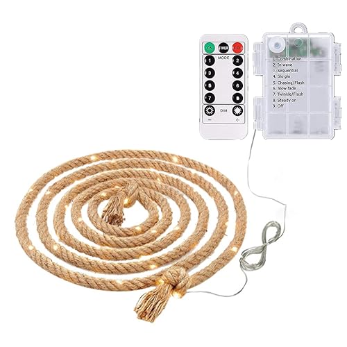 Mixtooltoys Jute-Lichterkette, 5 m, 100 LEDs, 6 mm, für Schlafzimmer, 8 Modi, batteriebetrieben, Lichterkette, mit Fernbedienung, für Camping, Halloween, Weihnachten, Hochzeit, Baumdekoration von Mixtooltoys