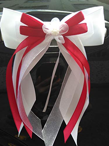 Miya@ 10 hochwertige Handgemacht Weiss Antenneschleifen mit doppelschleifen aus Satin, Auto Schleifen, Hochzeit Deko, Autoschmuck (5 cm Weiss) (Weinrot) von Miya