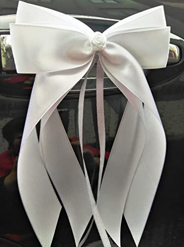 Miya@ 10 hochwertige Handgemacht Weiss Antenneschleifen mit Rosa aus Satin, Auto Schleifen, Hochzeit Deko, Autoschmuck (3 cm Weiss) von Miya