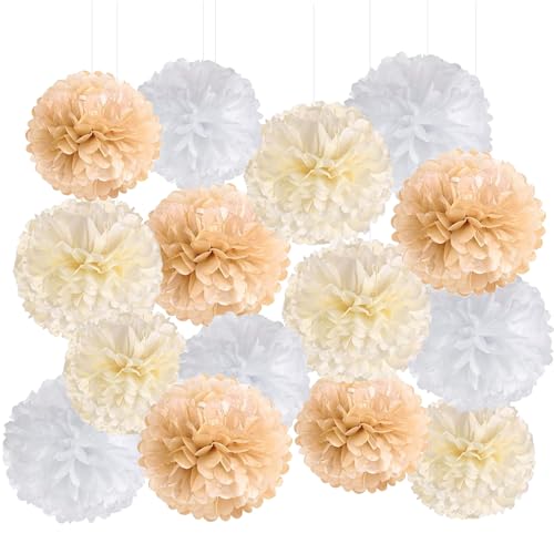 Miya 15er Seidenpapier Pompons Dekorationen für Hochzeitsparty, Babyparty, Vintage-Party, Geburtstag, Brautparty, rustikale Hochzeitsdeko und Gartenparty, neutral von Miya