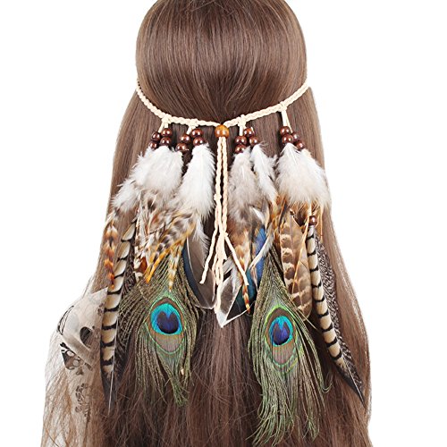 Miya Einzigartige Indianer Stirnband,Baumwollgarn Flechten Haarband mit wild Feder und Holz Perlen von Miya