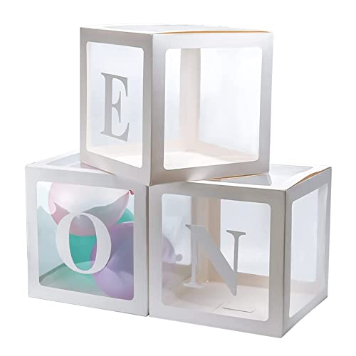 Partydekoration Ballonbox, 3 Stück Weiße Transparente Quadratische Ballonboxen mit Buchstaben O N E für Jungen und Mädchen 1. Geburtstag Partydekoration von Miying