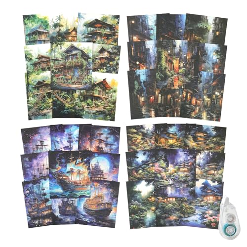 MiyouLuna 120 Stück Vintage Fantasy Scrapbook Papier, traditionelles Gebäude Ephemera Pack für Journaling und Junk Journal Supplies, Scrapbooking Kit mit Klebeband von MiyouLuna